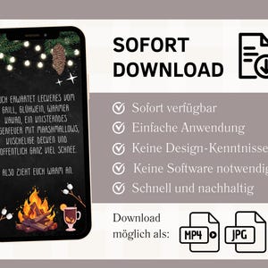 Pode incluir: Uma ilustra&ccedil;&atilde;o digital de uma fogueira com marshmallows, uma caneca de chocolate quente e um quadro-negro com o texto "EUCH ERWARTET LECUERES VOM GRILL, GL&Uuml;HWEIN, WARMER KAWAO, EIN UNISTERNDES LAGERFEUER MIT MARSHMALLOWS, KUSCHELIGE DECKEN UND HOFFENTLICH GANZ VIEL SCHNEE ALSO ZIEHT EUCH WARM AN". O texto "SOFORT DOWNLOAD" tamb&eacute;m est&aacute; inclu&iacute;do na imagem. A imagem &eacute; um download digital e pode ser baixada nos formatos MP4, JPG ou PDF.