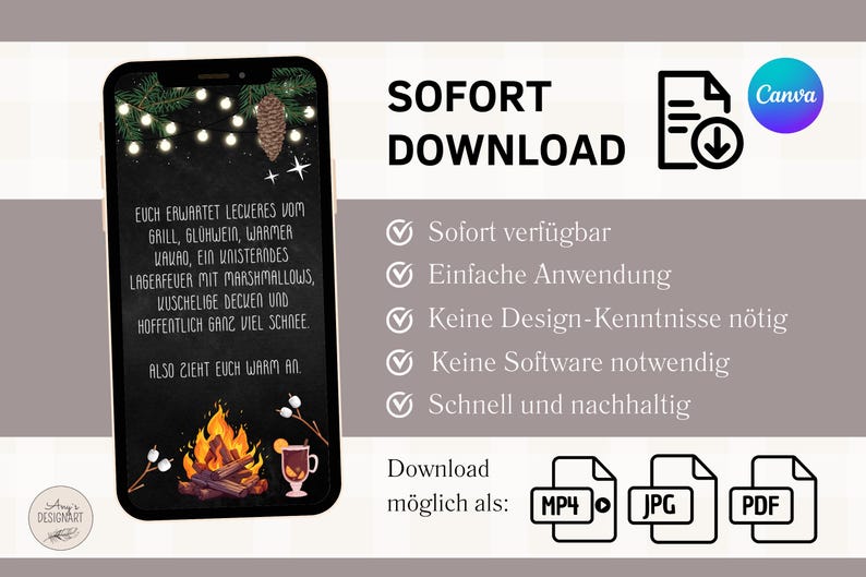 Pode incluir: Uma ilustra&ccedil;&atilde;o digital de uma fogueira com marshmallows, uma caneca de chocolate quente e um quadro-negro com o texto "EUCH ERWARTET LECUERES VOM GRILL, GL&Uuml;HWEIN, WARMER KAWAO, EIN UNISTERNDES LAGERFEUER MIT MARSHMALLOWS, KUSCHELIGE DECKEN UND HOFFENTLICH GANZ VIEL SCHNEE ALSO ZIEHT EUCH WARM AN". O texto "SOFORT DOWNLOAD" tamb&eacute;m est&aacute; inclu&iacute;do na imagem. A imagem &eacute; um download digital e pode ser baixada nos formatos MP4, JPG ou PDF.