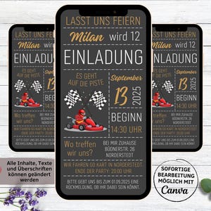 Einladung Kindergeburtstag Go Kart fahren | Kartbahn | Kartpiste digitale WhatsApp Geburtstagseinladung Rennen fahren | Kart fahren Rennbahn