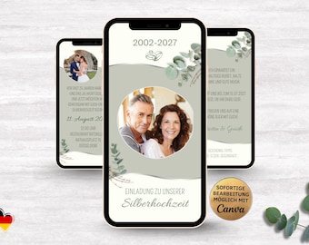 Einladung Silberhochzeit Eukalyptus grün digital für WhatsApp | eCard personalisierbare Hochzeitstag Einladung | Silberne Hochzeit 25 Jahre