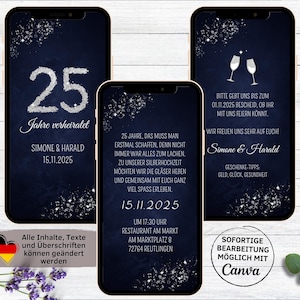 Invito a nozze d'argento digitale per WhatsApp | Invito per anniversario di matrimonio eCard personalizzabile blu argento | Nozze d'argento nobili