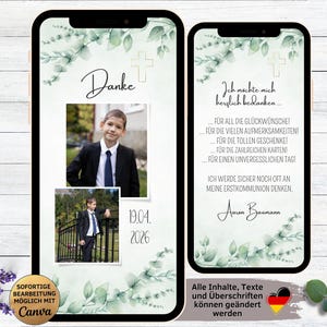 Digitale Danksagung Eukalyptus für Kommunion | Konfirmation | Firmung | Hochzeit| Taufe | eCard Danksagungskarte für WhatsApp | Vielen Dank
