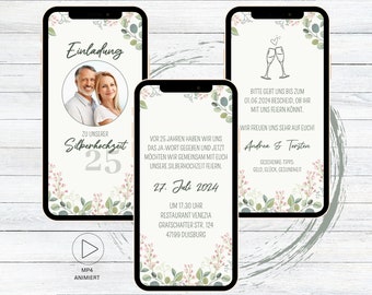 Einladung Silberhochzeit digital für WhatsApp, eCard personalisierbare elektronische Hochzeitstag Einladung floral Blumen Garten