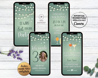 eCARD Birthday Party Invitation green cocktails | for 20th, 30th, 40th, 50th, 60th birthday | animated WhatsApp birthday invitation woman man