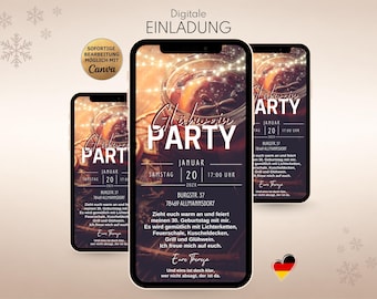 May include: A digital invitation template for a Glühwein party displayed on three smartphone screens. The design features a warm, festive background with string lights and text in German, including the date January 20 and location details.