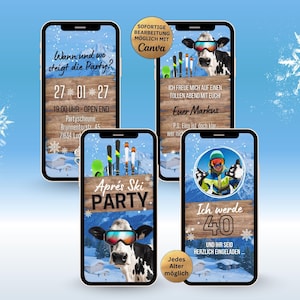 eCard Invitations for an Après-Ski Birthday Party | Funny Digital WhatsApp Invitation Card with a Cow | Winter Après-Ski Birthday Invitation