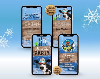 eCard Invitations for an Après-Ski Birthday Party | Funny Digital WhatsApp Invitation Card with a Cow | Winter Après-Ski Birthday Invitation