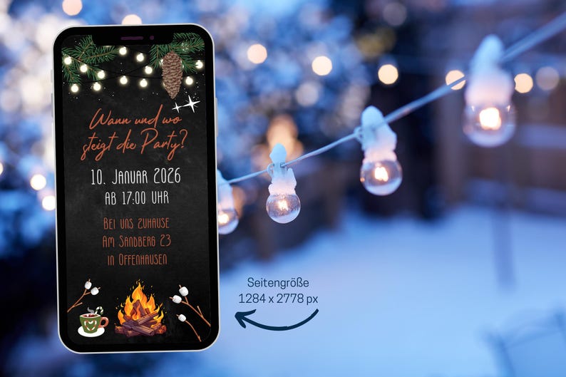 Pode incluir: Um convite digital para uma festa em 10 de janeiro de 2026 &agrave;s 17:00. O convite apresenta um fundo de quadro-negro com uma fogueira, marshmallows e uma caneca de chocolate quente. O texto diz "Wann und wo steigt die Party?" e inclui a data, a hora e o local da festa.