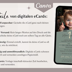 May include: A digital invitation card with a green background and a photo of a baby boy. The text on the card reads "Wir feiern 1 Jahr" and "24. Oktober".