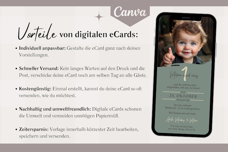 May include: A digital invitation card with a green background and a photo of a baby boy. The text on the card reads "Wir feiern 1 Jahr" and "24. Oktober".
