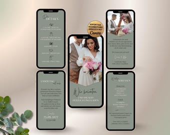 eCard digital wedding invitation minimalist green | Wedding invitation for WhatsApp | Animated save the date invitation with photos