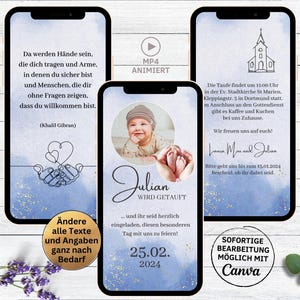eCard invitation baptême des mains numériques qui vous portent | carte d'invitation Whatsapp animée pour le baptême avec photos | invitation de baptême bleue pour garçon