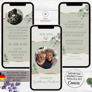 Invito digitale per le nozze d'oro, eucalipto verde e oro, per WhatsApp | eCard personalizzata per il 50° anniversario di matrimonio | Invito per le nozze d'oro