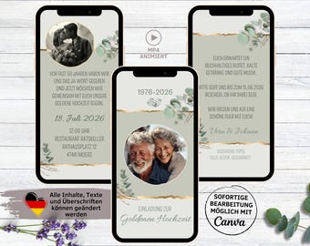 Invitación digital para bodas de oro, eucalipto verde y dorado, para WhatsApp | Tarjeta electrónica personalizada para 50 años de casados | Invitación para bodas de oro