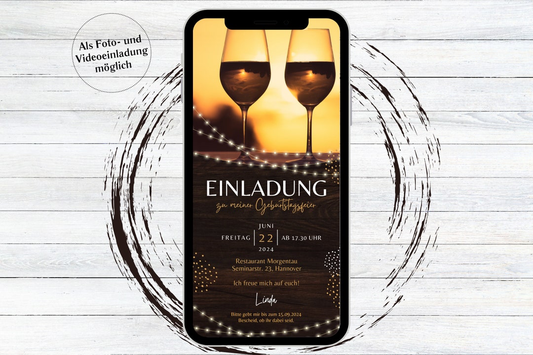 Digitale Einladung zum Geburtstag rustikal Weingläser, Ecard zum Versenden per WhatsApp 