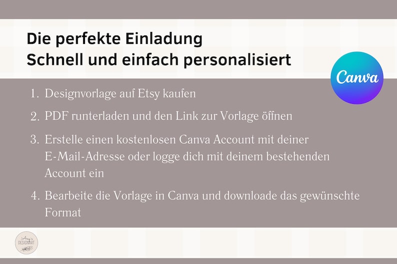 Op de afbeelding: Een lichtgrijze achtergrond met witte tekst die uitlegt hoe je een uitnodiging kunt personaliseren met Canva. De tekst luidt: "Die perfekte Einladung Schnell und einfach personalisiert 1. Designvorlage auf Etsy kaufen 2. PDF runterladen und den Link zur Vorlage &ouml;ffnen 3. Erstelle einen kostenlosen Canva Account mit deiner E-Mail-Adresse oder logge dich mit deinem bestehenden Account ein 4. Bearbeite die Vorlage in Canva und downloade das gew&uuml;nschte Format". Het Canva-logo bevindt zich in de rechterbovenhoek van de afbeelding.