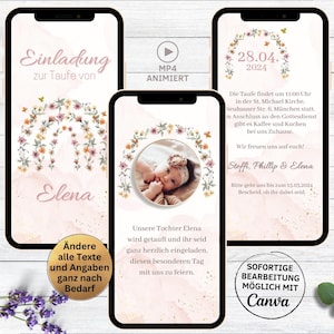 Invito battesimo digitale fiori arcobaleno | biglietto d'invito animato per festa di battesimo da inviare tramite WhatsApp | Invito per battesimo con foto rosa