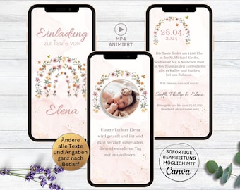 May include: A pink and white digital invitation with a floral archway and a photo of a baby girl. The text reads "Einladung zur Taufe von Elena" and "28.04.2024".
