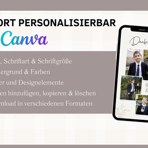 May include: A smartphone screen displaying a Canva template for a thank you card. The template features a white background with a floral design and three photos of a young boy in a suit. The text "Danke" and "BOL 2026" are also visible on the screen.