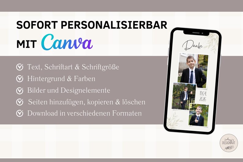 May include: A smartphone screen displaying a Canva template for a thank you card. The template features a white background with a floral design and three photos of a young boy in a suit. The text "Danke" and "BOL 2026" are also visible on the screen.