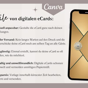 May include: A smartphone displays a gold eCard design with a geometric pattern and a jewel-like embellishment. Text on the left lists the benefits of digital eCards, including customization, fast delivery, and cost-effectiveness. The Canva logo is at the top.