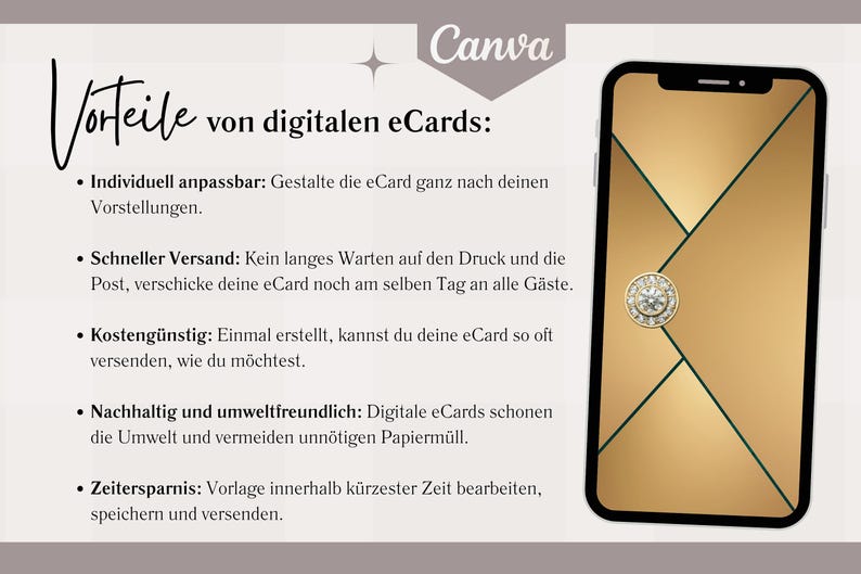May include: A smartphone displays a gold eCard design with a geometric pattern and a jewel-like embellishment. Text on the left lists the benefits of digital eCards, including customization, fast delivery, and cost-effectiveness. The Canva logo is at the top.