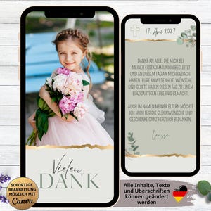 Digitale Danksagung Eukalyptus grün gold Kreuz für Kommunion | Konfirmation | Firmung | Taufe | Erstkommunion | Whatsapp Danksagungskarte