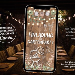 Pode incluir: A tela de um smartphone exibindo um convite digital para uma festa no jardim. O convite apresenta um fundo de madeira r&uacute;stico com luzes de corda, uma churrasqueira e um convite escrito &agrave; m&atilde;o que diz "Einladung zur Gartenparty".