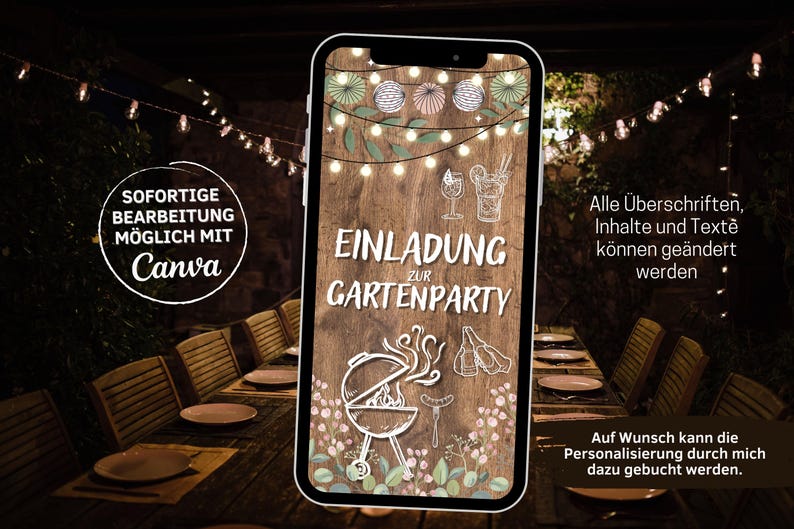 Pode incluir: A tela de um smartphone exibindo um convite digital para uma festa no jardim. O convite apresenta um fundo de madeira r&uacute;stico com luzes de corda, uma churrasqueira e um convite escrito &agrave; m&atilde;o que diz "Einladung zur Gartenparty".