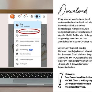 May include: A laptop screen displaying an Etsy account menu with a red circle highlighting the Eink&auml;ufe und Bewertungen option. To the right, text instructions in German explain the digital download process for purchased files.