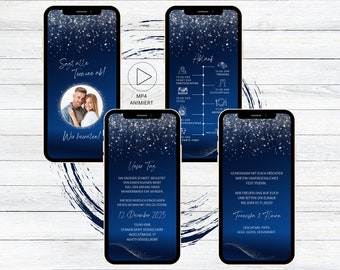 Digitale Hochzeitseinladung blau Silberregen Video für Whatsapp, personalisierbare animierte eCard Save the Date Einladung mit Foto
