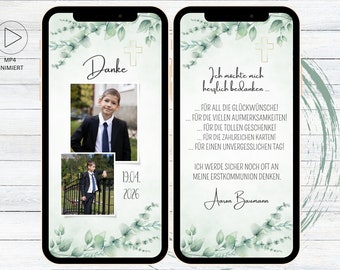 Digitale Danksagung Eukalyptus Kommunion | Konfirmation | Firmung | Hochzeit| Taufe, eCard Danksagungskarte für WhatsApp