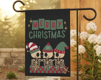 Skeleton Merry Christmas Garden Flag Holiday Porch Decor Funny Goth Christmas Flag Spooky Christmas Outdoor Decor Creepy Holiday Home Banner