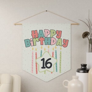 Custom Birthday Decoration Flag, Sweet 16 Birthday Pennant Flag, Cute Birthday Party Decor, Birthday Candles Flag