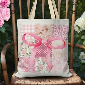 Cute Pink Coquette Tote Bag, Cottagecore Flower Quilt Reusable Tote, Vintage Style Pink Bow Bag, Gift for Her, Bridesmaids Gift
