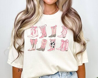 Coquette Cowgirl Shirt, Western Pink Bow Shirt, Cowboy Boots Coquette Aesthetic, Country Girl Girlie Girl Comfort Colors® Trendy Bow Tee