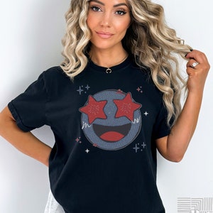 Red White & Blue Sparkle Happy Face Shirt for Women. Patriotic Women's Shirt. Independence Day 4th of July Shirt. Patriotic Holiday Shirt.