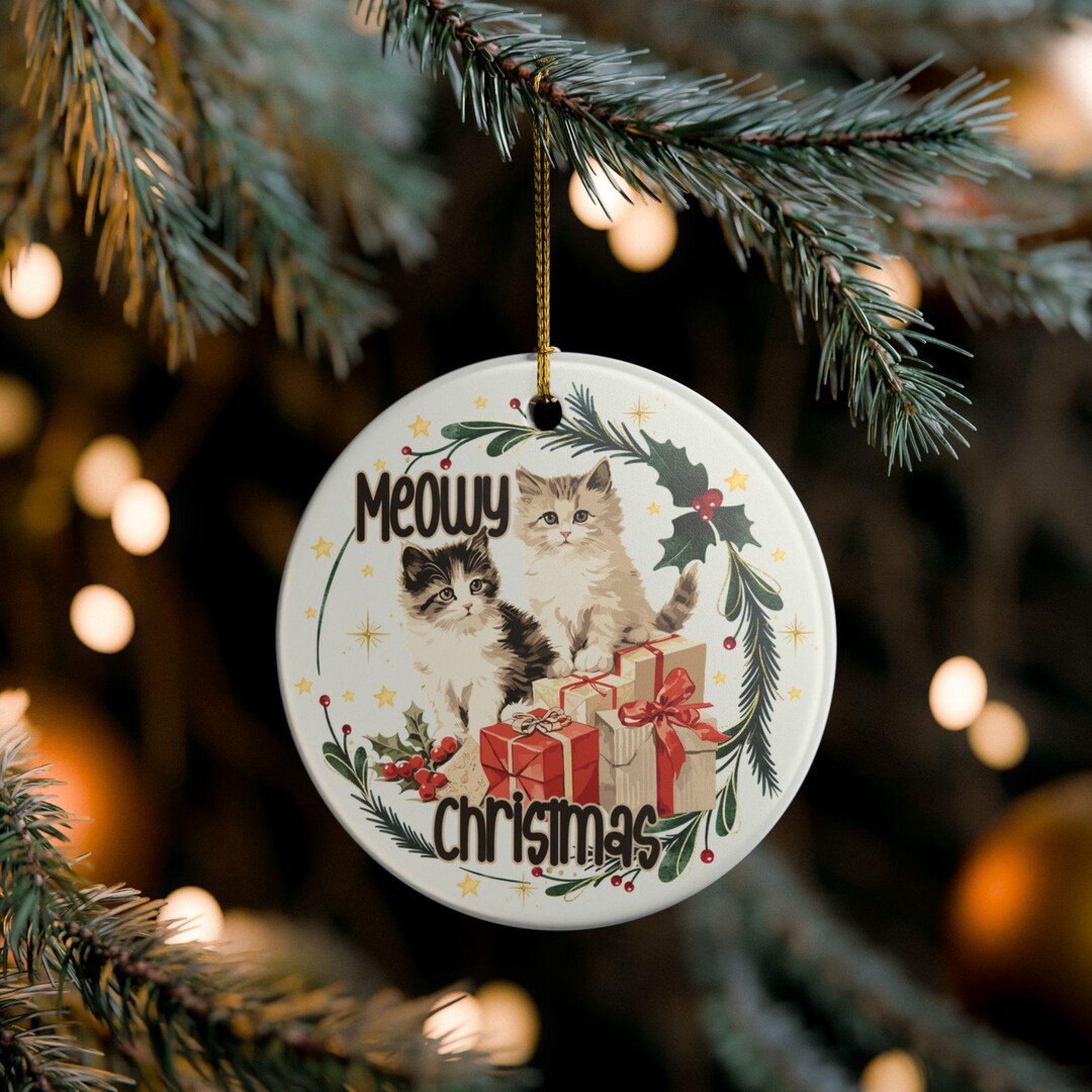 Cute Cat Kitten Christmas Ornament, Meowy Christmas Ceramic Ornament ...