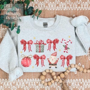 Christmas Bow Coquette Shirt, Girly Christmas Sweatshirt, Cute Red Ribbon Santa Shirt, Winter Sweatshirt for Women, Christmas Bows Sweater