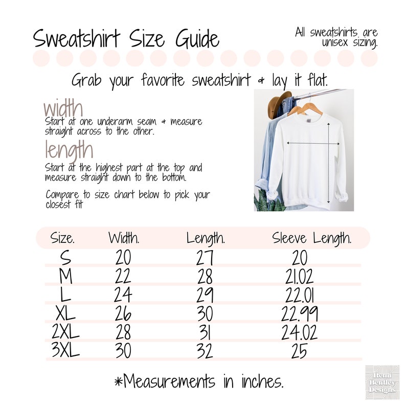 May include: A size chart for sweatshirts with measurements in inches for width, length, and sleeve length. The chart includes sizes S, M, L, XL, 2XL, and 3XL.