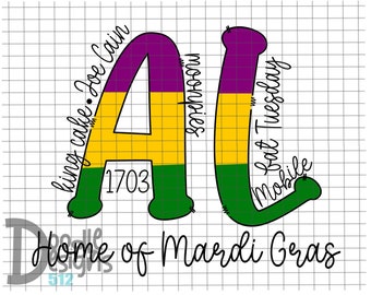 May include: A graphic design featuring the letters "AL" in purple, gold, and green, with the text "king cake. Joe Cain", "moonpies", "bat Tuesday", "1703", and "Mobile" surrounding the letters. The text "Home of Mardi Gras" is below the letters.