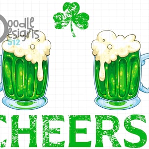 May include: Two green beer mugs with white foam on top, a green shamrock, and the word "CHEERS!" in green with a distressed look.