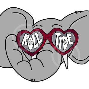May include: A gray cartoon elephant with heart-shaped sunglasses. The sunglasses have a red plaid pattern and the words "ROLL TIDE" in white block letters. The elephant's ears are large and gray.