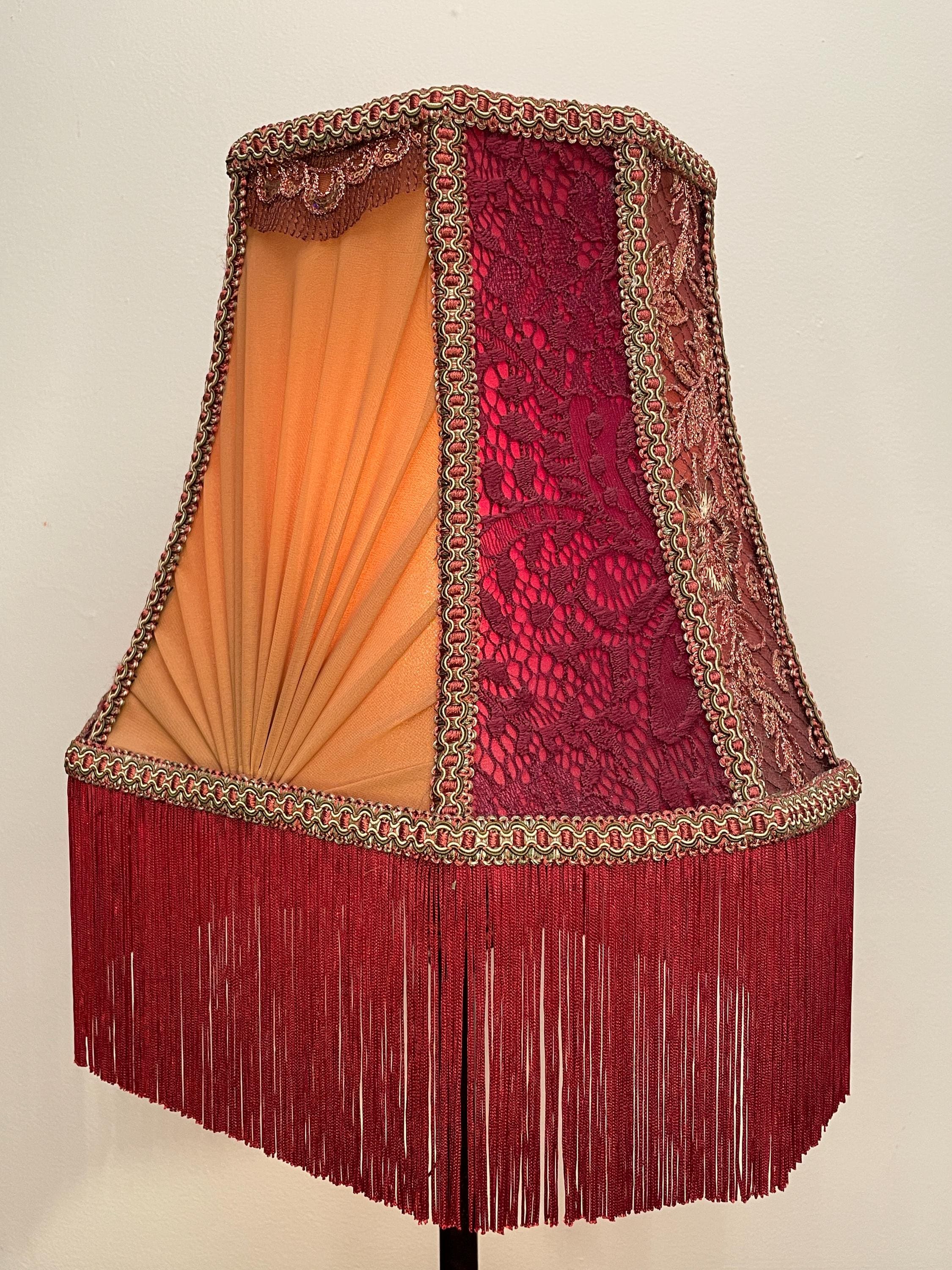 Handmade Victorian Lampshade: Maroon Satin, Floral Lace, Gold Trim
