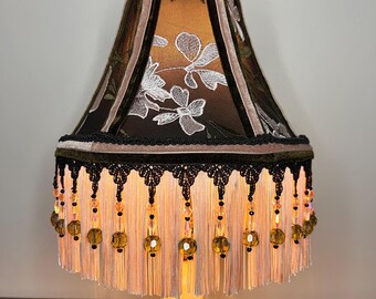 Handmade Victorian Fringe Lampshade – Black Lace & Blush velvet, Embroidered Floral Mesh, Beaded Trim – Elegant Vintage-Inspired Lighting
