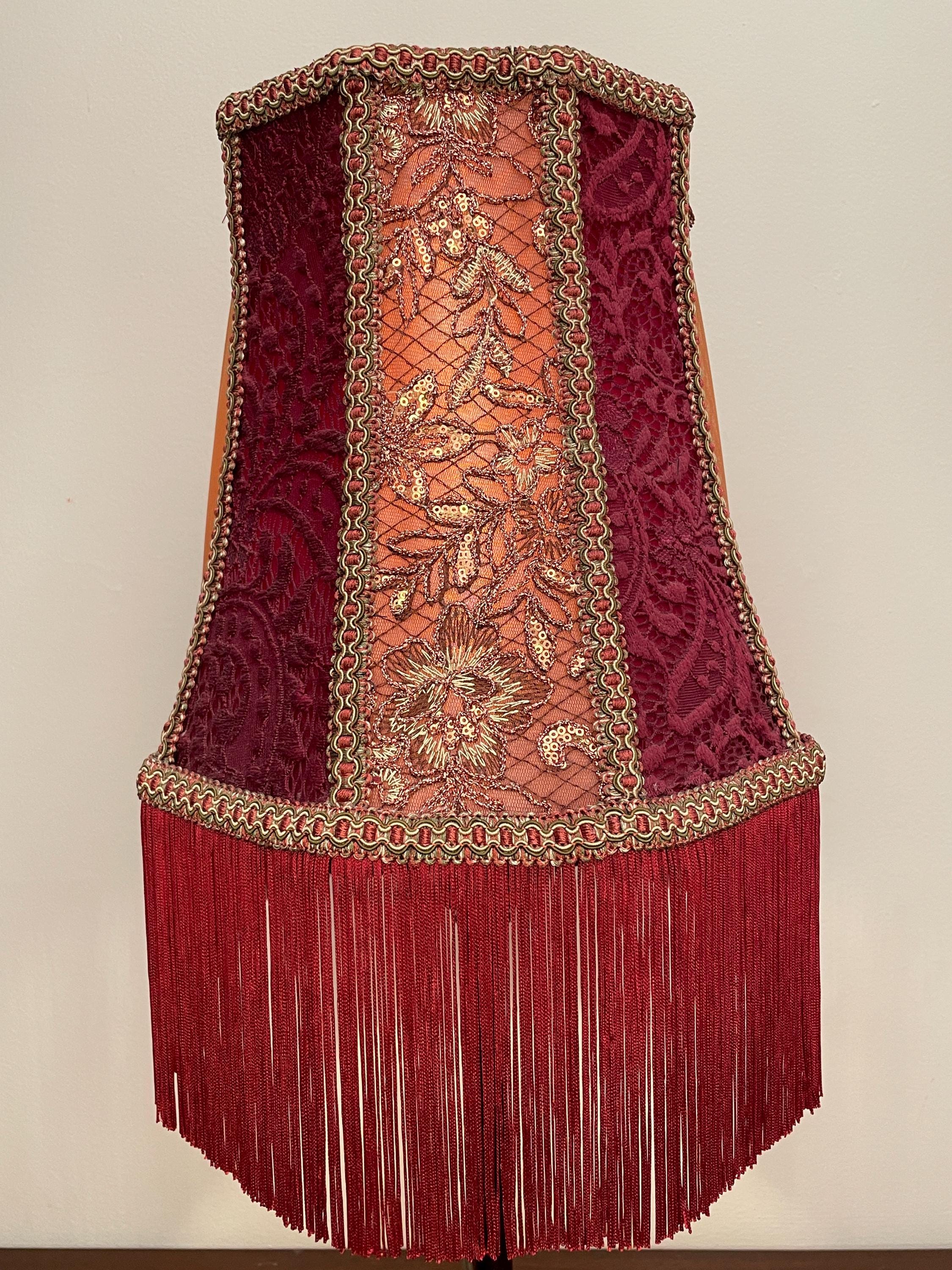 Handmade Victorian Lampshade: Maroon Satin, Floral Lace, Gold Trim