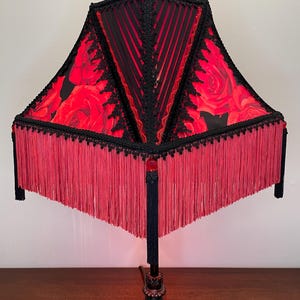 Handmade Victorian Fringe Lampshade – Red Roses, Pleated Black Panels & Velvet Trim – Gothic Burlesque Lighting with Hand-Dyed Fringe