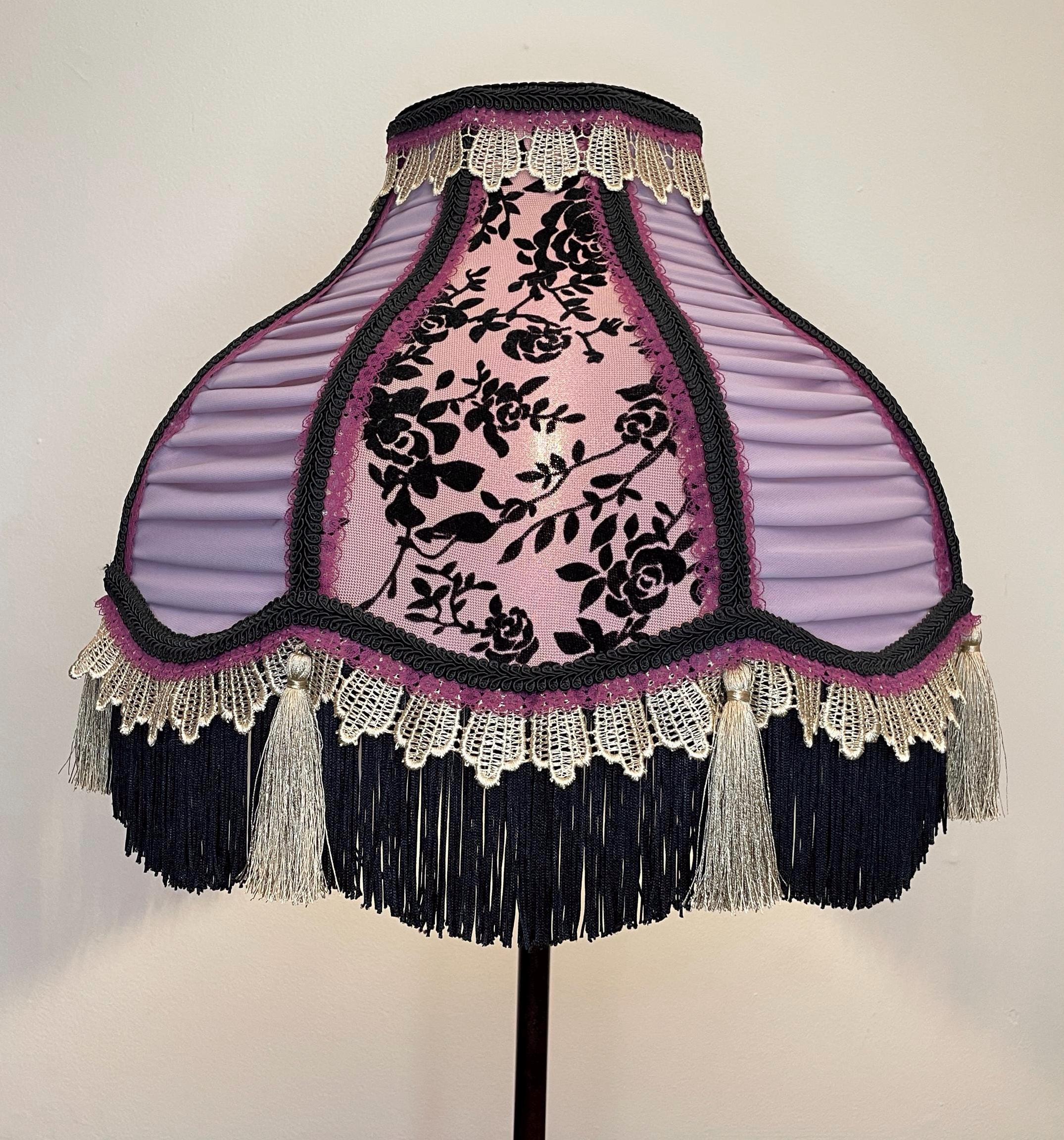 Handmade Burlesque Fringe Lampshade – Plum Satin, Gold Accents
