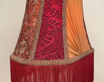 Handmade Victorian Lampshade: Maroon Satin, Floral Lace, Gold Trim