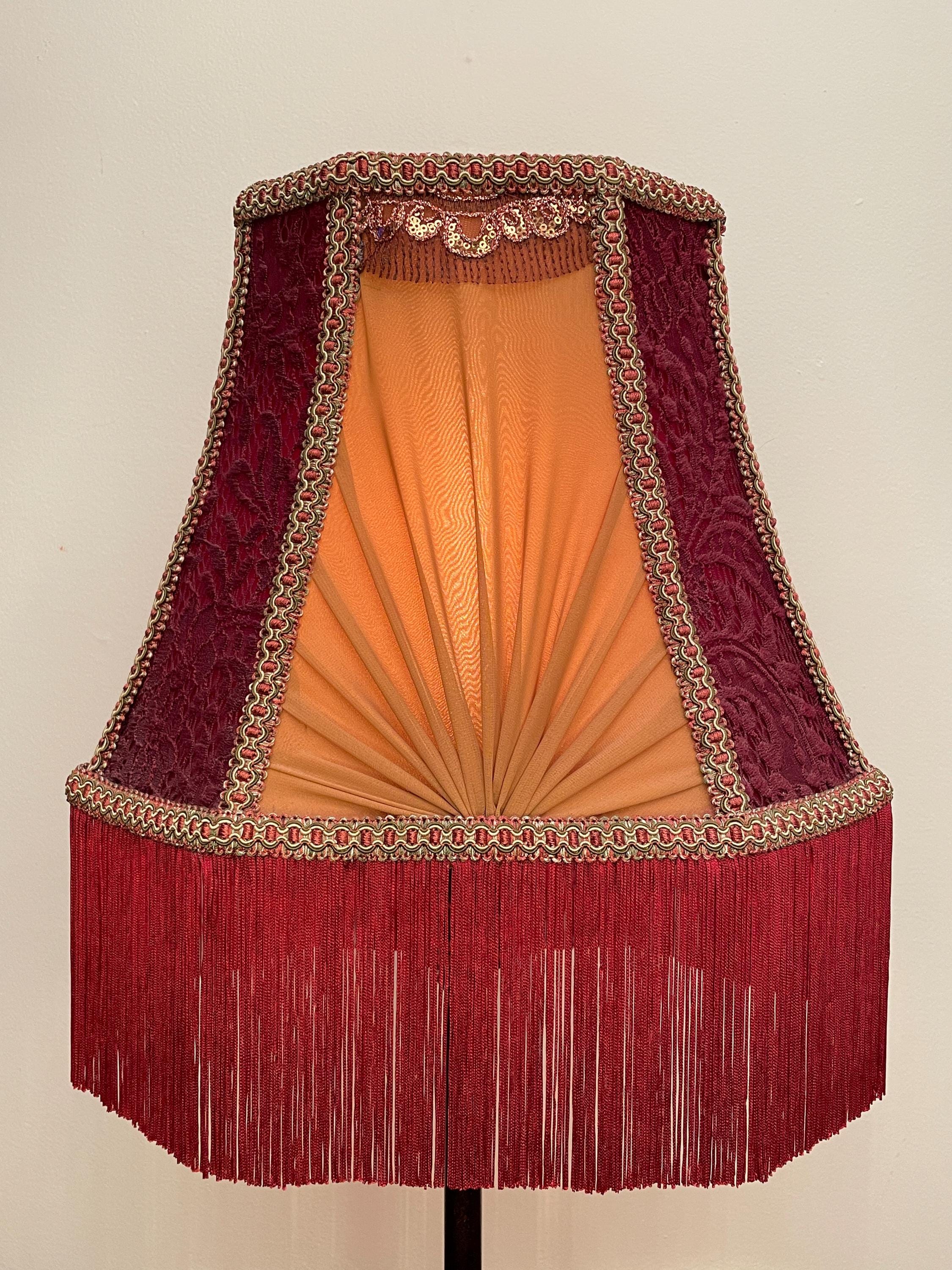 Handmade Victorian Lampshade: Maroon Satin, Floral Lace, Gold Trim